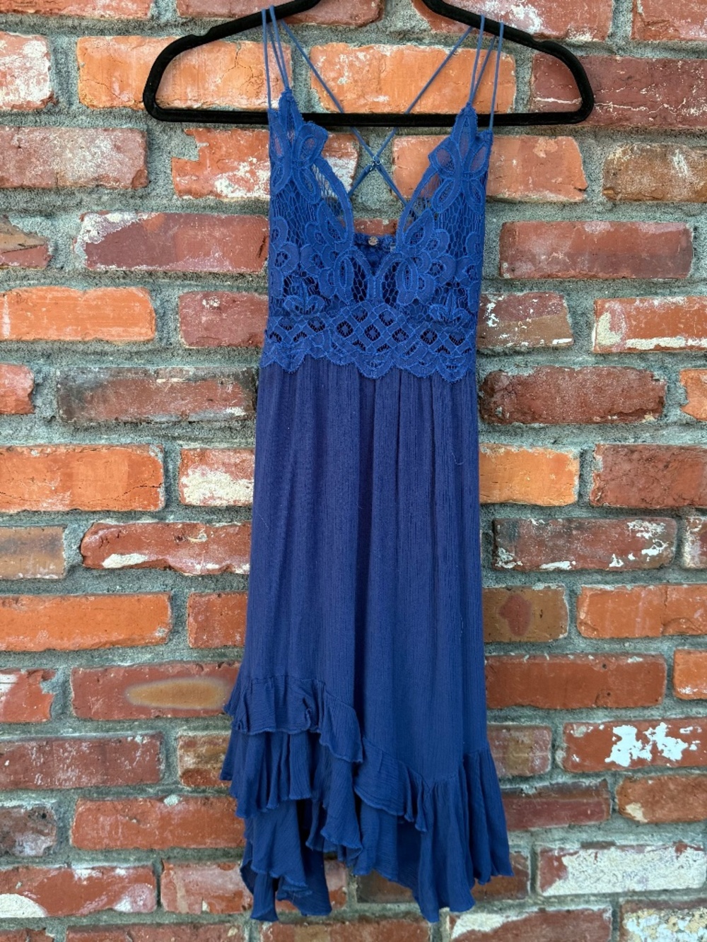 Free People Adella Slip Dress Navy XS Boho Lace Mini Dress Tiered